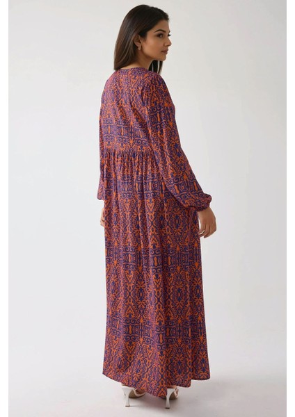 Kadın Baskılı A-Form Modest Elbise, Bisiklet Yaka Orange