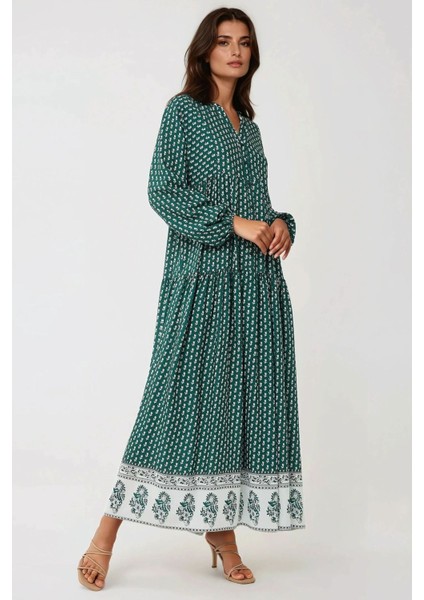 Kadın Desenli V Yaka Modest Elbise Green