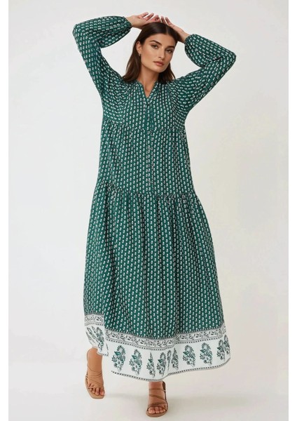 Kadın Desenli V Yaka Modest Elbise Green
