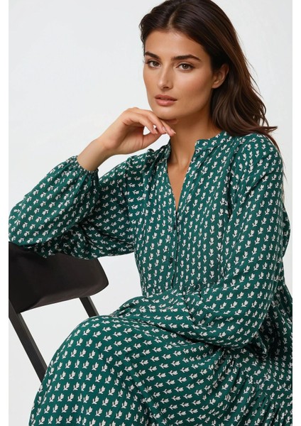 Kadın Desenli V Yaka Modest Elbise Green