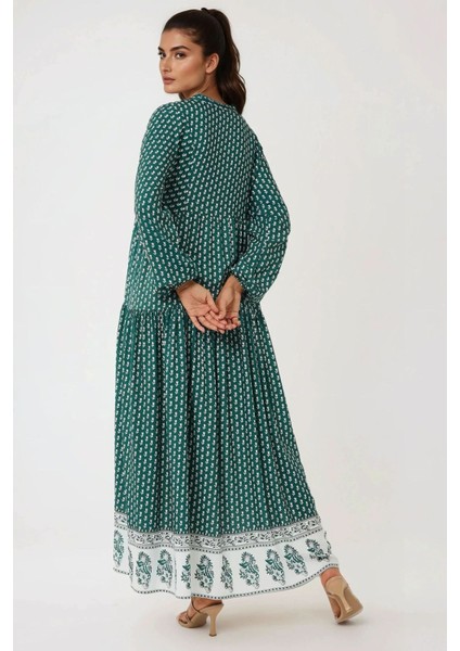 Kadın Desenli V Yaka Modest Elbise Green