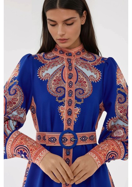 Kadın Baskılı Uzun Kol Kemerli Modest Elbise Blue