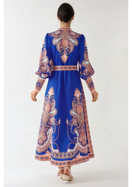 Kadın Baskılı Uzun Kol Kemerli Modest Elbise Blue