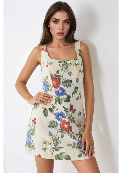 Kadın Keten Görünümlü Çiçek Desenli Gipe Detaylı Mini Elbise Multicolor