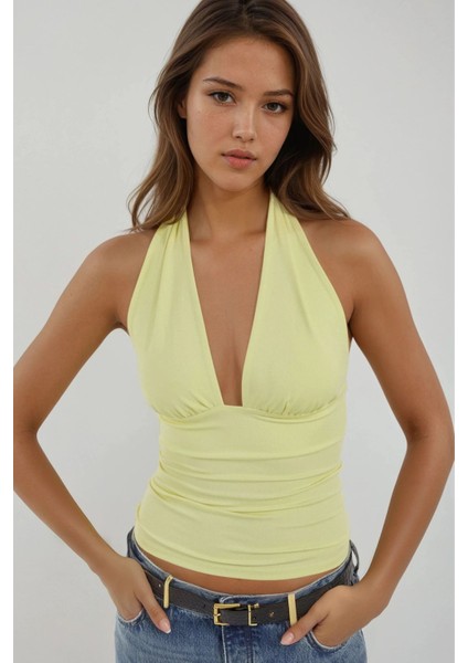 Kadın Dar Kesim V Yaka Örme Üst Limon Sarısı