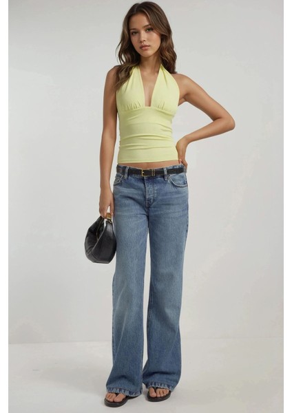 Kadın Dar Kesim V Yaka Örme Üst Limon Sarısı