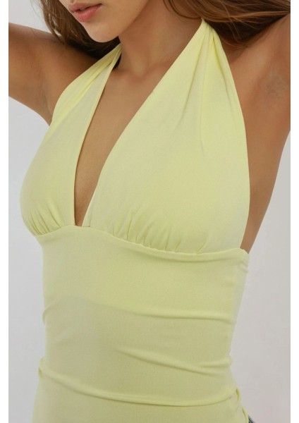 Kadın Dar Kesim V Yaka Örme Üst Limon Sarısı