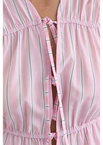 Kadın Fiyonk Detaylı Çizgili Bisiklet Yaka Bluz Pink