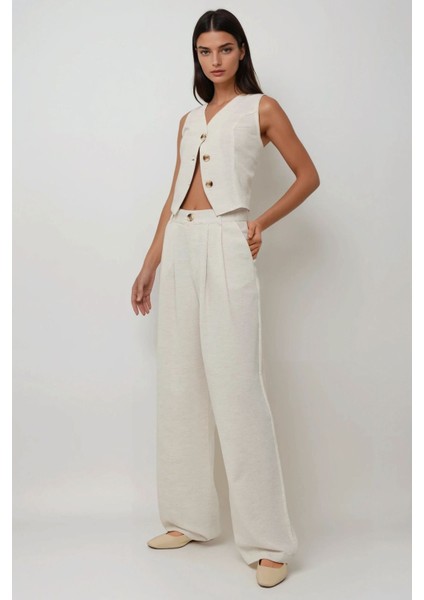 Kadın Keten Görünümlü Palazzo Pantolon Natural
