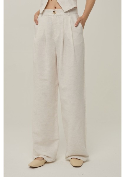 Kadın Keten Görünümlü Palazzo Pantolon Natural