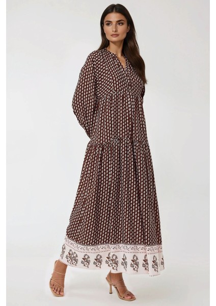 Kadın Desenli V Yaka Modest Elbise Kahverengi