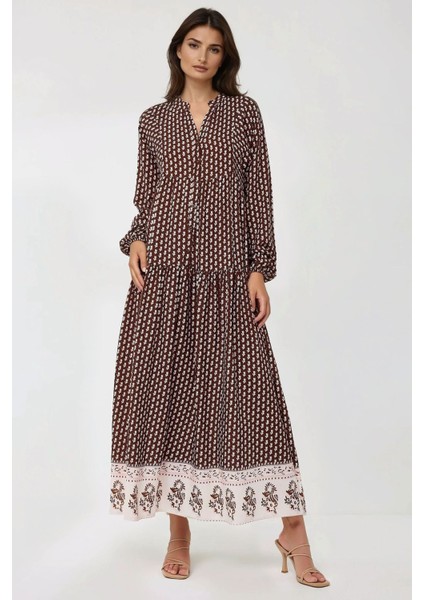 Kadın Desenli V Yaka Modest Elbise Kahverengi