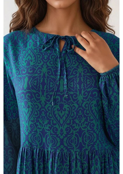Kadın Baskılı A-Form Modest Elbise, Bisiklet Yaka Green
