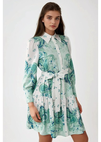 Kadın Baskılı Uzun Kol Kemerli Mini Elbise Green