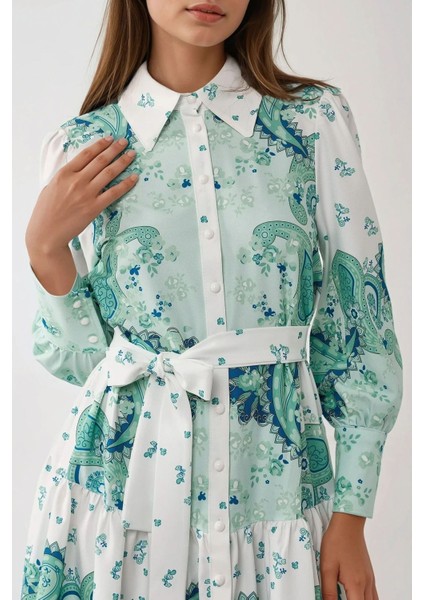 Kadın Baskılı Uzun Kol Kemerli Mini Elbise Green