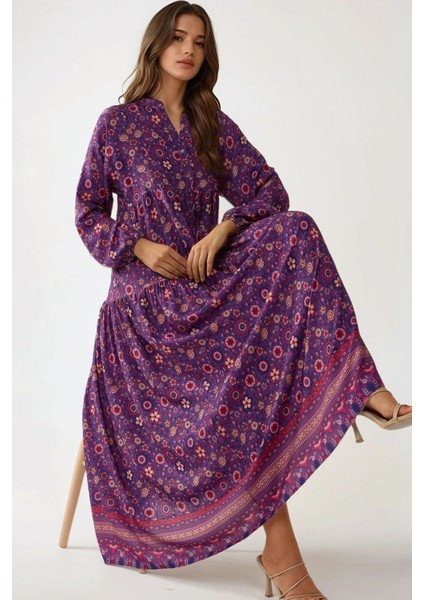 Kadın Düğmeli Baskılı V Yaka Modest Elbise Purple