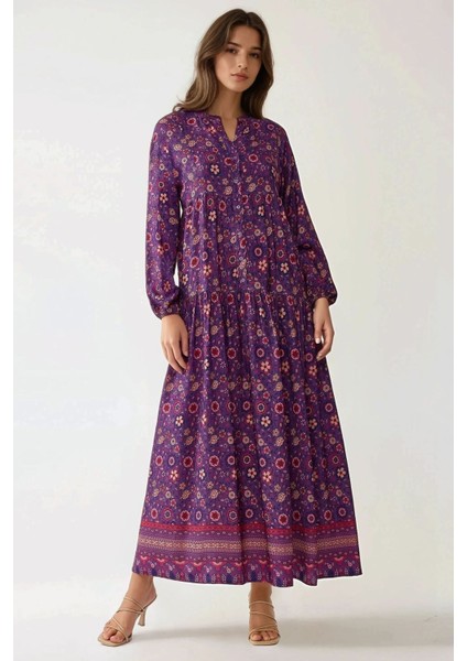 Kadın Düğmeli Baskılı V Yaka Modest Elbise Purple