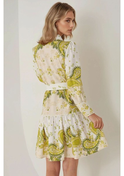 Kadın Baskılı Uzun Kol Kemerli Mini Elbise Multicolor