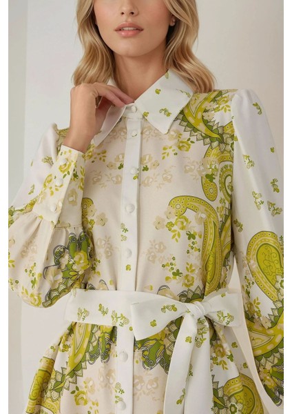 Kadın Baskılı Uzun Kol Kemerli Mini Elbise Multicolor