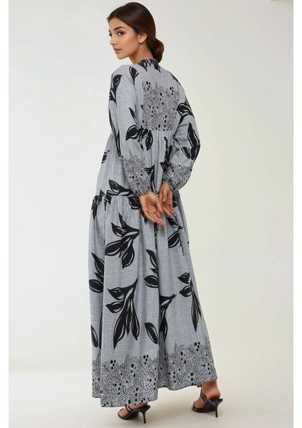 Kadın Baskılı Uzun Kol Viskon Modest Elbise Lacivert