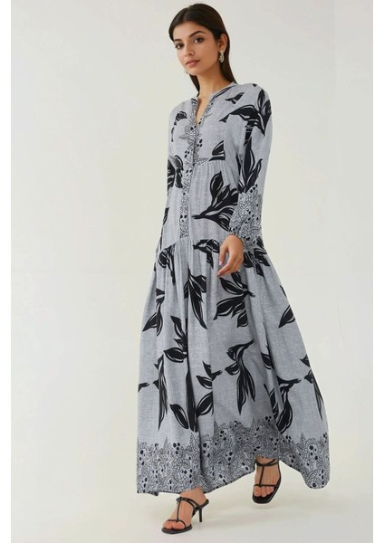 Kadın Baskılı Uzun Kol Viskon Modest Elbise Lacivert