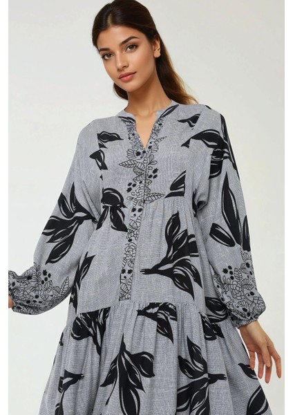 Kadın Baskılı Uzun Kol Viskon Modest Elbise Lacivert