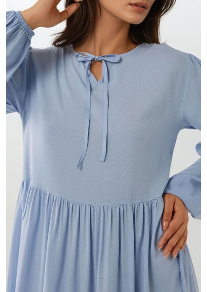 Kadın A-Form Fit ve Bisiklet Yaka Modest Dokulu Elbise Blue