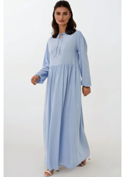 Kadın A-Form Fit ve Bisiklet Yaka Modest Dokulu Elbise Blue