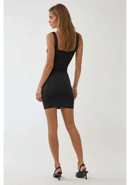Kadın Kare Yaka Askılı Bodycon Mini Elbise Siyah