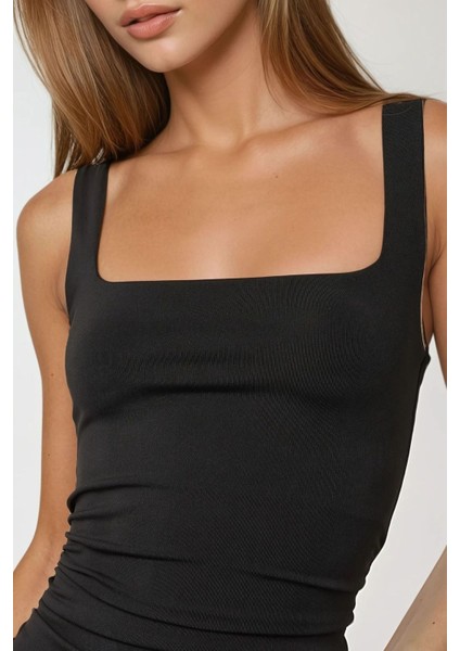 Kadın Kare Yaka Askılı Bodycon Mini Elbise Siyah