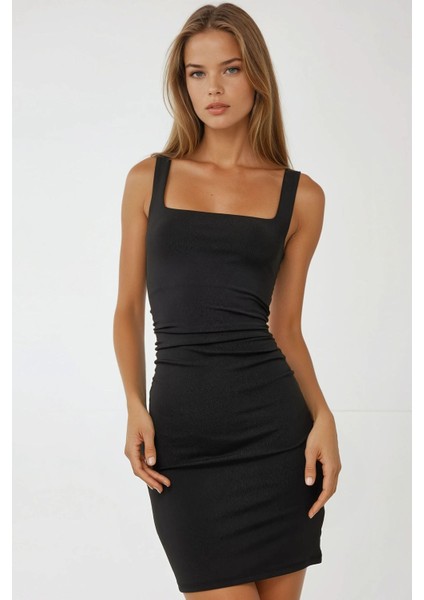 Kadın Kare Yaka Askılı Bodycon Mini Elbise Siyah