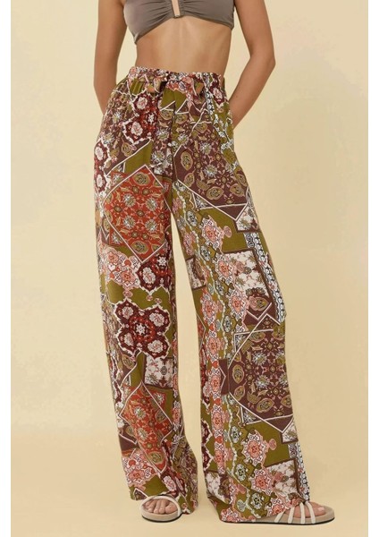 Kadın Çekmece İpli Baskılı Geniş Paça Pantolon Kahverengi