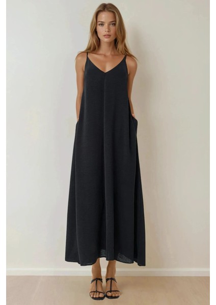 Kadın V -Yaka A-Form Maxi Elbise Black