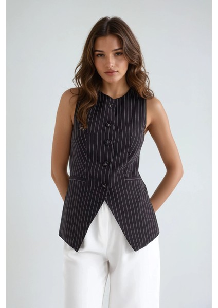 Kadın Çizgili Bisiklet Yaka Yelek Black