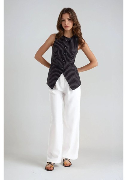 Kadın Çizgili Bisiklet Yaka Yelek Black