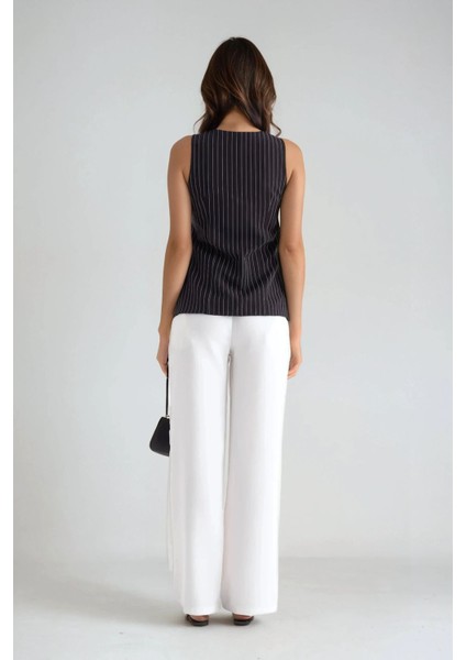 Kadın Çizgili Bisiklet Yaka Yelek Black