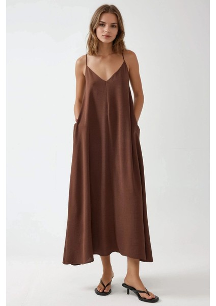 Kadın V -Yaka A-Form Maxi Elbise Mocha Kahvesi