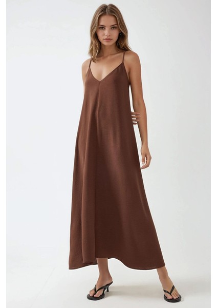 Kadın V -Yaka A-Form Maxi Elbise Mocha Kahvesi