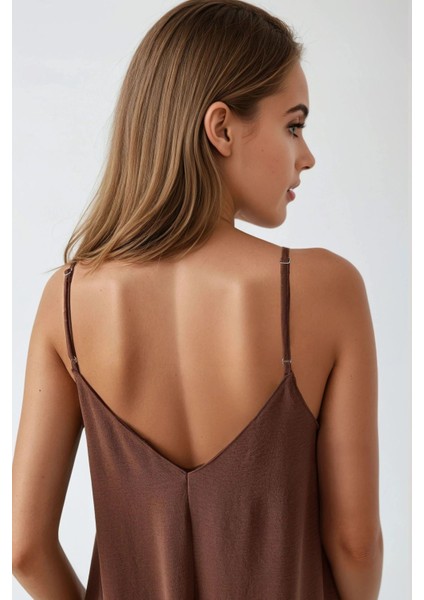 Kadın V -Yaka A-Form Maxi Elbise Mocha Kahvesi