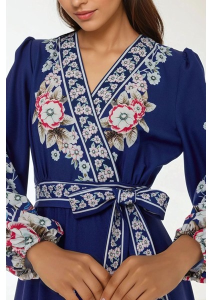 Kadın Baskılı Uzun Kol Kuşaklı Modest Elbise Blue