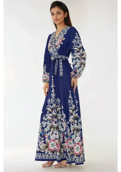 Kadın Baskılı Uzun Kol Kuşaklı Modest Elbise Blue