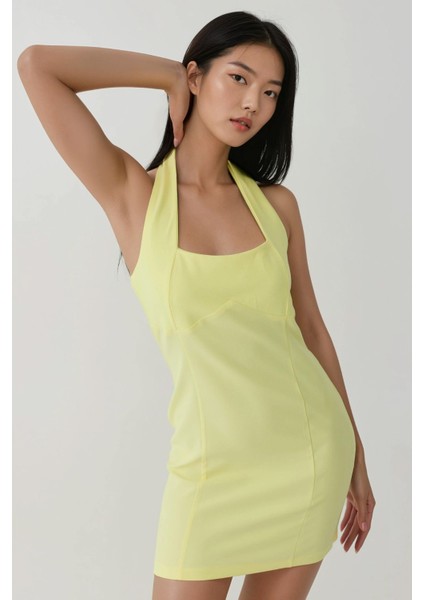 Kadın Kare Yaka Fitted Dokuma Mini Elbise Limon Sarısı