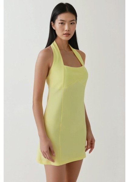 Kadın Kare Yaka Fitted Dokuma Mini Elbise Limon Sarısı