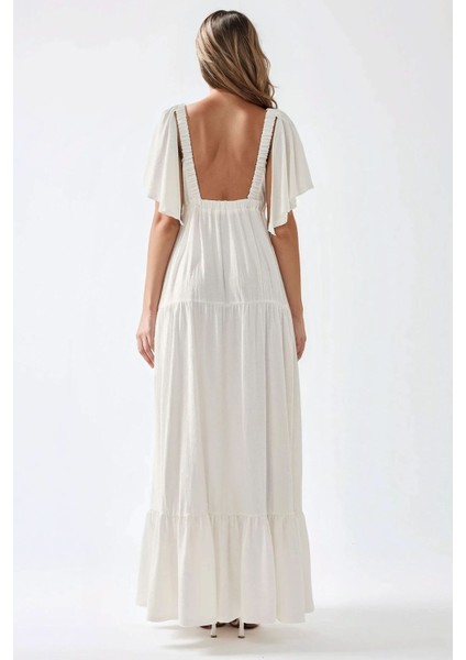 Kadın V Yaka A form Uzun Maxi Elbise Beyaz