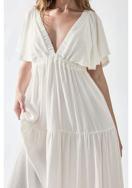 Kadın V Yaka A form Uzun Maxi Elbise Beyaz