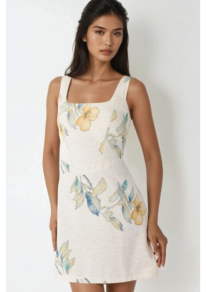 Kadın Keten Görünümlü Çiçek Desenli Gipe Detaylı Mini Elbise Fildişi Doğal