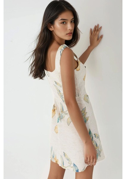 Kadın Keten Görünümlü Çiçek Desenli Gipe Detaylı Mini Elbise Fildişi Doğal