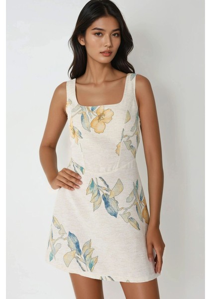 Kadın Keten Görünümlü Çiçek Desenli Gipe Detaylı Mini Elbise Fildişi Doğal