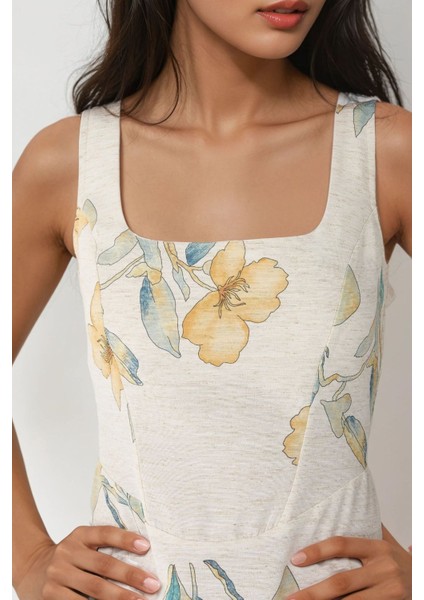 Kadın Keten Görünümlü Çiçek Desenli Gipe Detaylı Mini Elbise Fildişi Doğal