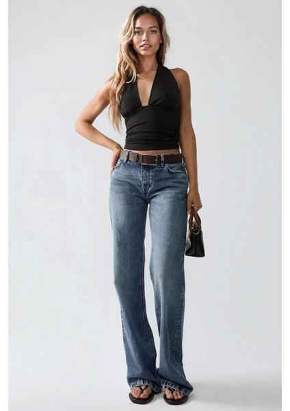 Kadın Dar Kesim V Yaka Örme Üst Siyah